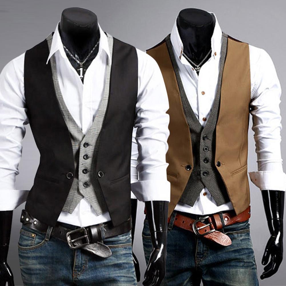 Men Formal Waistcoat Vest Business Solid Color Single Button Vest gilet ...