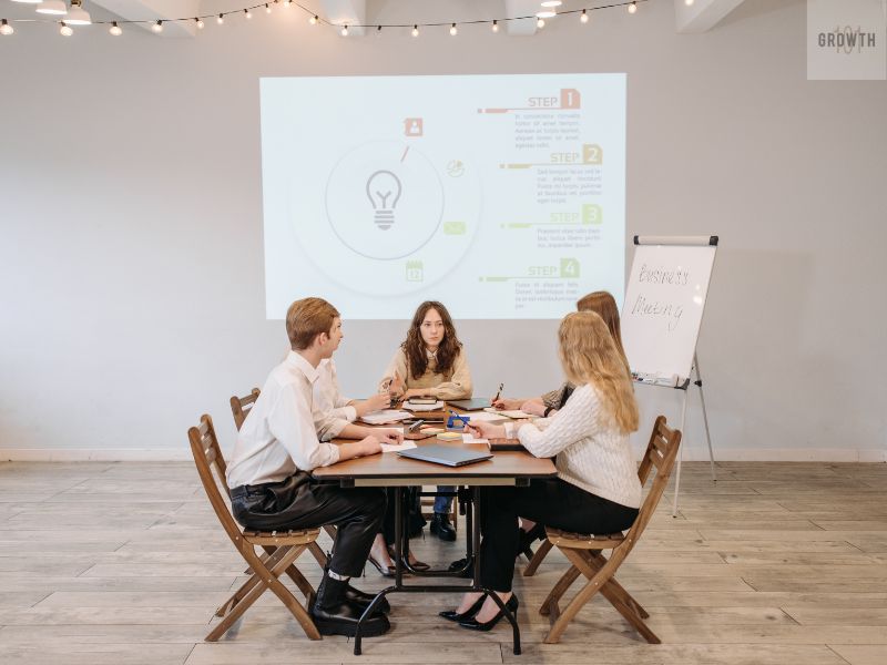 Business team turning ideas into action by discussing ideas with a presentation on the screen in the background.