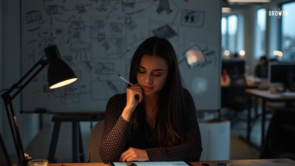 Image of a product manager reflecting on her target audience becuase she knows that market feedback isn't always right.