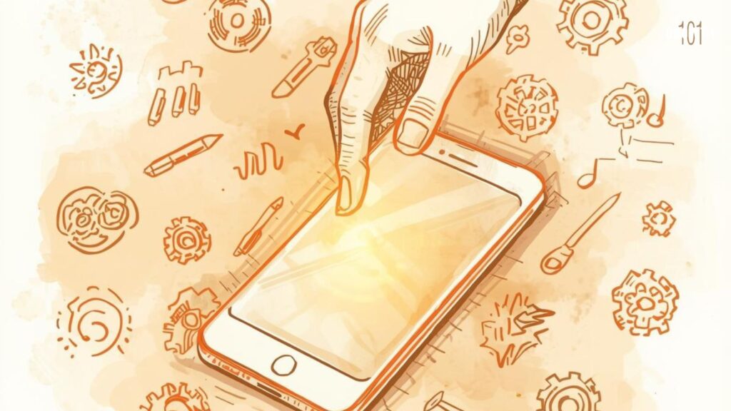 Hand draw illustration of a mobile phone product with various elements that represent features around it. The owners hand pondering on strategic product simplification.