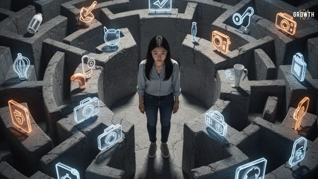 realistic image of an asian female product manager in a middle of a complex maze showing that she has to navigate and juggle many different decisions.