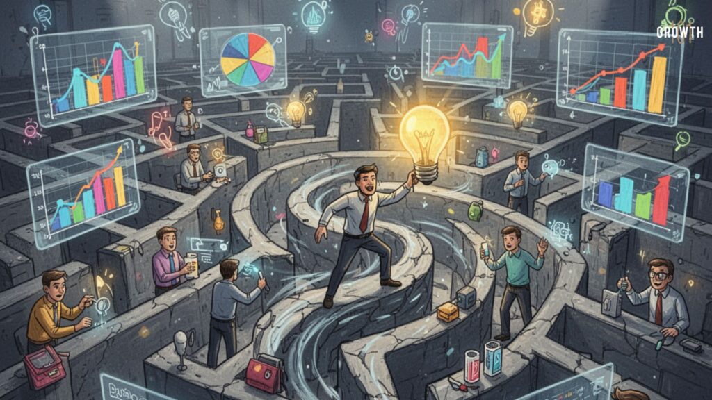 cartoon like image of a product manager navigating a complex maze