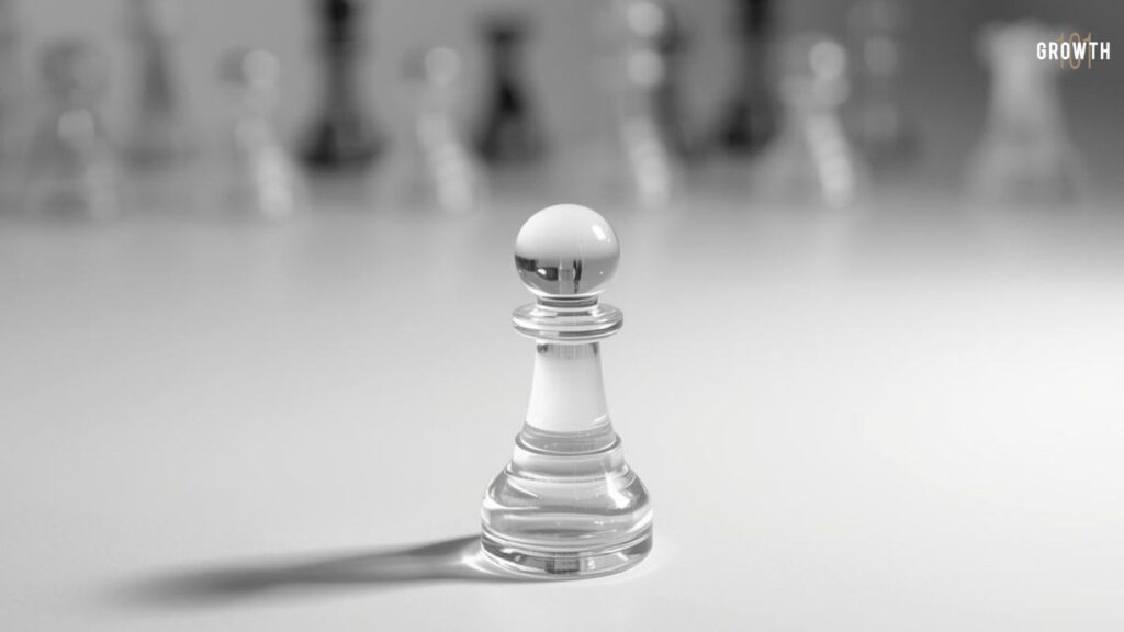A single, meticulously crafted, clear glass chess pawn stands alone on a pristine white, minimalist surface. A faint, soft shadow extends from its base, suggesting a single, dominant light source. In the background, slightly out of focus, are several blurred, indistinct shapes of other chess pieces, suggesting a larger, complex game board that is not being directly engaged with. The focus is entirely on the singular pawn, sharp and in perfect clarity, representing a single point of control or decision. The overall mood is one of quiet contemplation, precision, and a subtle hint of being overwhelmed by the unseen complexity beyond the focal point. The composition is clean, balanced, and uses ample negative space to emphasize the subject. NO text overlays whatsoever.