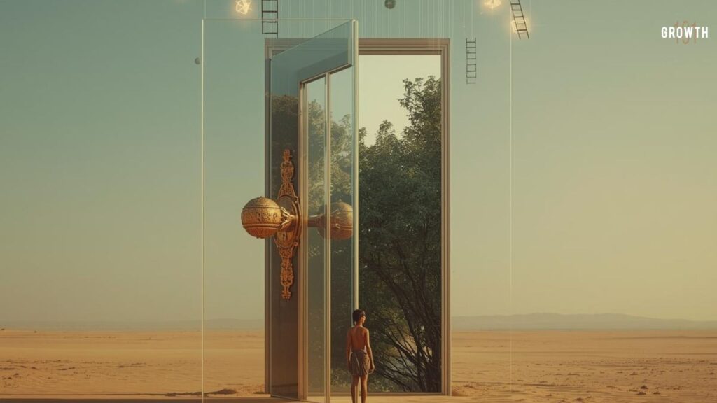 This is an image of a wide surreal landscape where a massive, ornate brass door handle floats in the center of an endless desert, yet it is attached to a thin, transparent glass wall that reveals a lush forest on the other side. A small human figure stands before the glass wall, reaching out in confusion because there is no door frame or visible opening. In the sky above, several glowing geometric shapes and ladders float aimlessly, disconnected from the ground. The lighting is ethereal and cinematic, with long shadows and a soft golden glow, symbolizing the architectural breakdown between intent and reality.