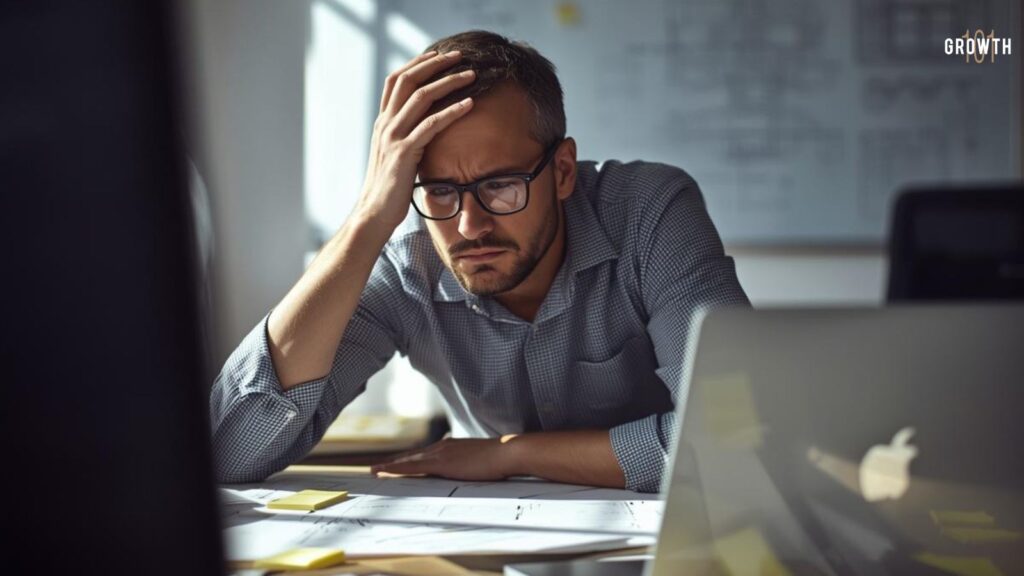 A medium shot of a frustrated product lead in a sunlit but cluttered startup office, leaning over a desk covered in wireframe sketches and scattered sticky notes. The lighting is harsh and natural from a nearby window, casting deep shadows. He is rubbing his temples with one hand while staring intently at a laptop screen that reflects on his glasses. In the background, a blurred whiteboard shows messy architectural diagrams. The framing is slightly off-center and candid, captured with the grainy texture of high-speed 35mm film, emphasizing a moment of genuine professional friction and the search for clarity.