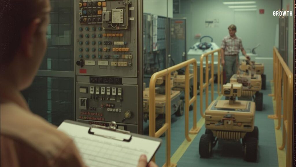 Vintage retro analog control room, 1970s to early 1990s vibe. A calm product leader seen from behind arranges colored magnetic tokens and blank nodes on a large steel planning board, shaping a clear flow without words. Through a glass wall behind them, a line of small beige robotic carts and articulated arms autonomously assemble modular components inside bright yellow floor guardrails, moving along defined lanes. The scene communicates the shift from maker to orchestrator, clarity over heroics, and guardrails over guesses. Composition: three distinct depth layers with a slightly out-of-focus clipboard in the foreground showing only empty checkboxes and gridlines, the human orchestrator on the rule of thirds in midground, and autonomous machines in the background constrained by safety rails. Lighting: warm tungsten lamps and soft fluorescents, gentle afternoon haze with dust motes visible. Color palette: faded mustard, olive green, muted teal, and burnt orange. Lens and film: 35mm analog look with subtle vignetting, halation on highlights, light leaks, slight chromatic aberration, visible film grain and dust scratches. No readable words, numbers, or labels anywhere, only blank forms and unlabeled dials. High resolution, shallow depth of field, nostalgic authenticity. 