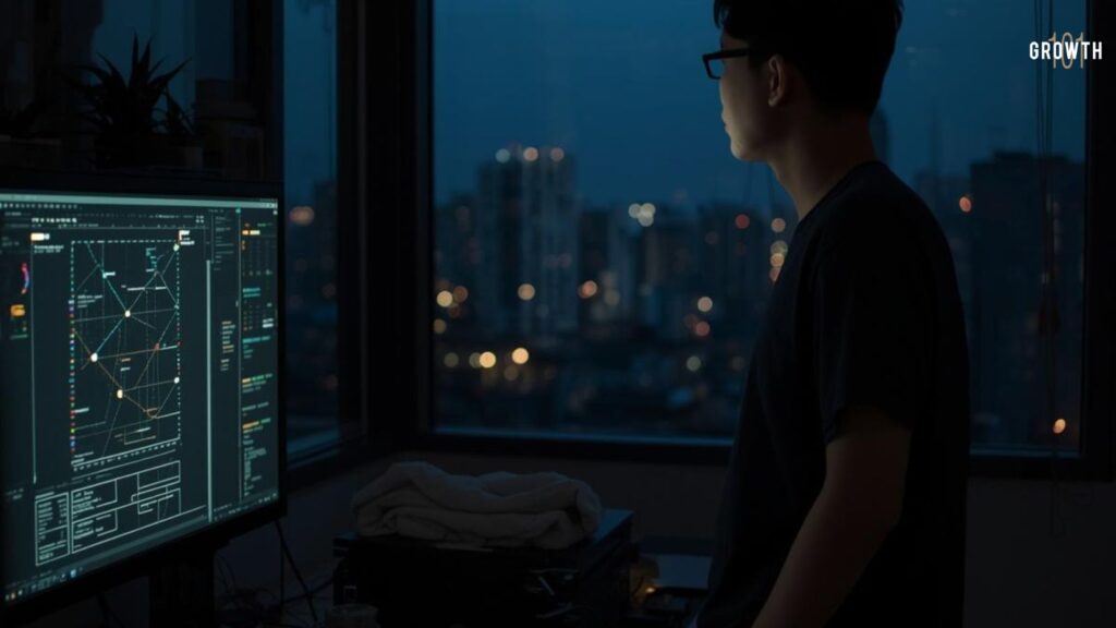 A candid, medium shot of a senior software architect standing in a dimly lit, modern workspace at dusk. They are looking thoughtfully at a large, glow-emitting monitor displaying complex architectural diagrams and node-based system maps, not lines of code. The lighting is natural and moody, coming primarily from the screen and distant city lights through a window. The framing is slightly off-center, capturing a messy desk with a notebook and a half-empty coffee mug. The aesthetic is raw and unpolished, with a shallow depth of field and slight film grain, emphasizing a moment of deep strategic reflection over technical production.