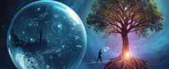 Dreamy image of a Big Bubble floating nearing a cliff with a man walking inbetween the AI Bubble and a tree on land.