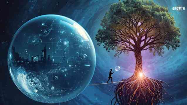 Dreamy image of a Big Bubble floating nearing a cliff with a man walking inbetween the AI Bubble and a tree on land.