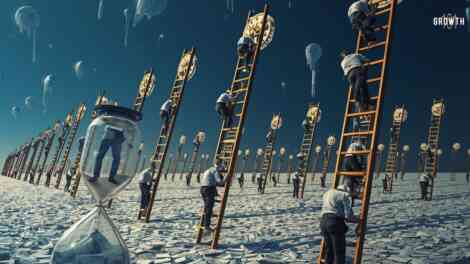 A wide surrealist landscape where dozens of office workers are frantically climbing infinitely tall wooden ladders that are not leaning against anything but simply float in a void. Each person is carrying heavy glowing gears that do not connect to any machine. The ground below is a massive, cracked hourglass where sand is replaced by thousands of unorganized paper documents. The sky is a deep indigo with floating, non-functional clock faces melting like liquid. The composition uses a forced perspective to show the scale of useless effort against a vast, empty horizon. High detail, cinematic lighting, ethereal atmosphere, 8k resolution.