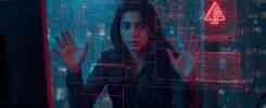 A cinematic cyberpunk scene of a frustrated tech engineer sitting at a high-tech workstation in a rain-slicked urban apartment. A massive holographic interface floats in front of them, displaying complex, glowing red error symbols and fragmented data streams that do not connect. The neon blue and magenta light from the city outside reflects off the glass surfaces, highlighting the disconnect between the sophisticated technology and the user's confusion. The composition uses a shallow depth of field, focusing on the tension in the engineer's hands as they hover over a malfunctioning holographic control panel.