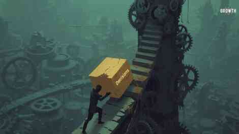 Illustration of a person pushing decisions a flight of stairs on a hill