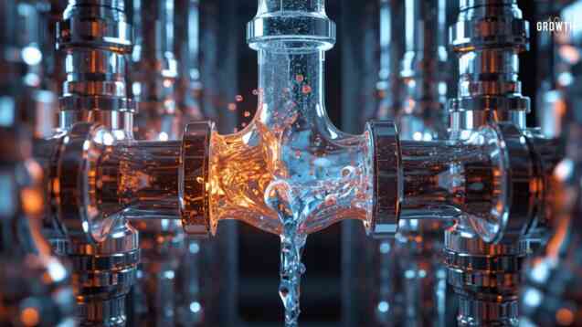 A hyper-realistic 3D rendering of a complex, glowing glass pipeline system where a single narrow valve creates a massive pressurized bottleneck. On one side, vibrant liquid energy is trapped and turbulent; on the other, only a thin, struggling stream emerges. The lighting is cinematic with deep shadows and sharp highlights on the polished chrome and glass textures. The composition uses a shallow depth of field to focus on the point of friction, symbolizing organizational gridlock.