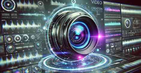 A futuristic AI-powered camera lens with glowing neon blue and purple rings, surrounded by holographic video editing overlays. The background features a dark, high-tech environment with light streaks and a cyberpunk aesthetic.