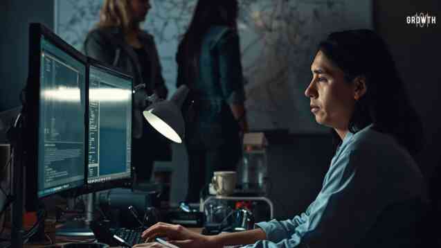 A side-profile candid shot in a dimly lit startup office after hours. A delivery lead sits at a cluttered desk with two glowing monitors reflecting on their face, showing deep focus and slight fatigue. In the background, out of focus, two engineers are seen in a heated but quiet discussion near a whiteboard filled with messy diagrams. The lighting is natural and moody, coming from the desk lamps and screen glow, creating a raw, unpolished documentary feel. There are half-empty coffee mugs and tangled cables on the desk, capturing the high-stakes pressure of a scaling company.