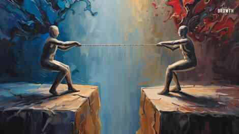 image showing a tug of war between the positive and negative parts of you. Deactiving old beliefs ultimately allow the positive side to win.